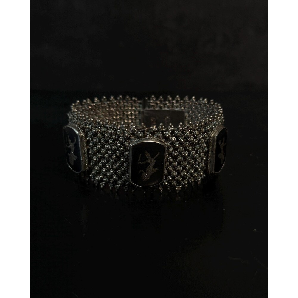 Vintage Siam Silver Dancing Goddess Niello Wide Bracelet 51g